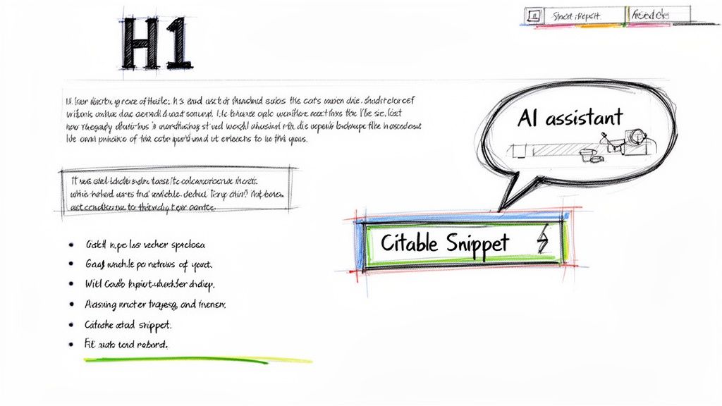 Sketch of a document with H1 heading, text, bullet points, 'AI assistant' speech bubble, and 'Citable Snippet' box.