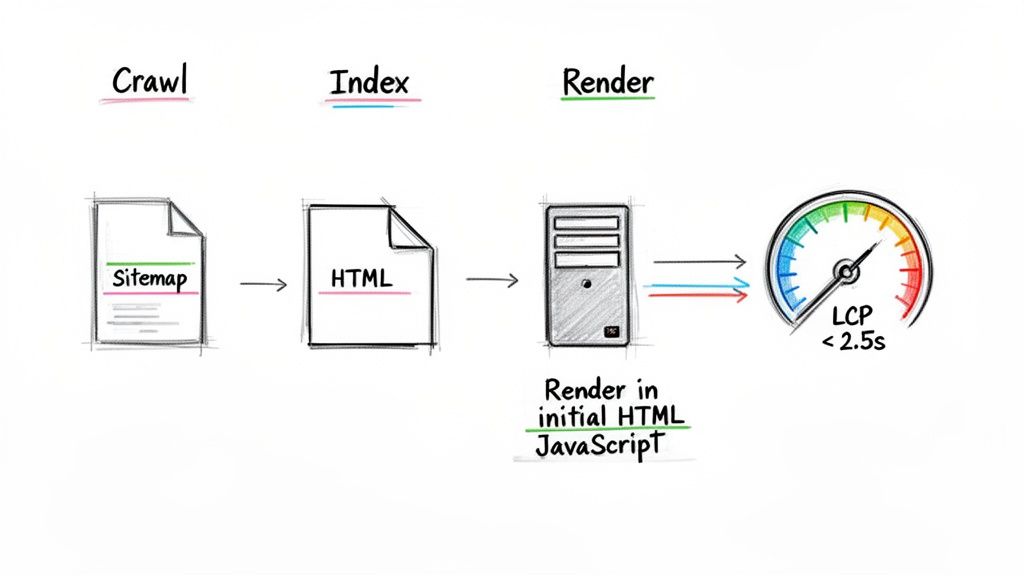 Diagram illustrating the SEO process: Crawl, Index, and Render, targeting LCP under 2.5 seconds.