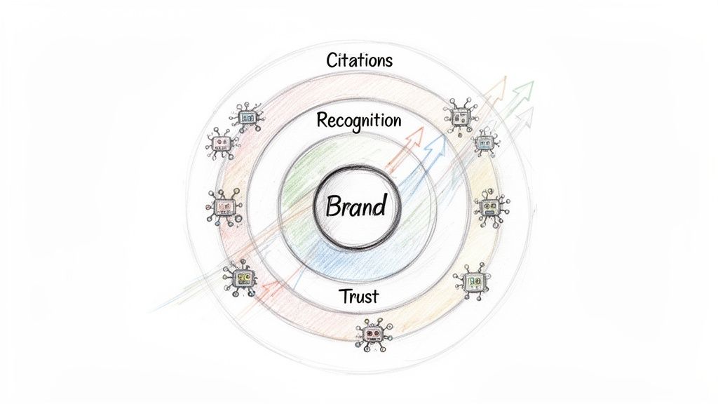 Concentric circles illustrating brand growth through trust, recognition, and citations, with AI influences.