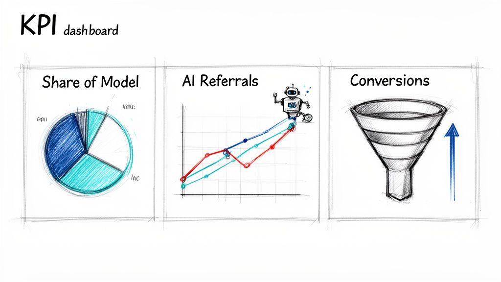 Sketch of a KPI dashboard with a pie chart, AI referral line graph, and conversion funnel metrics.