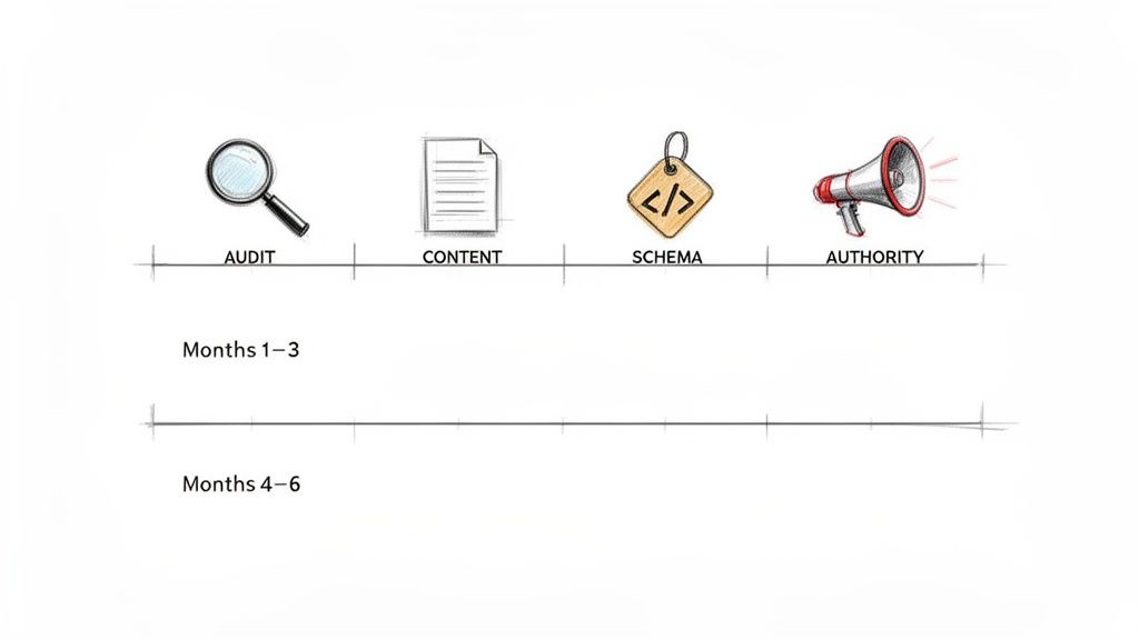 Timeline illustrating SEO strategy phases: Audit, Content, Schema, and Authority over six months.