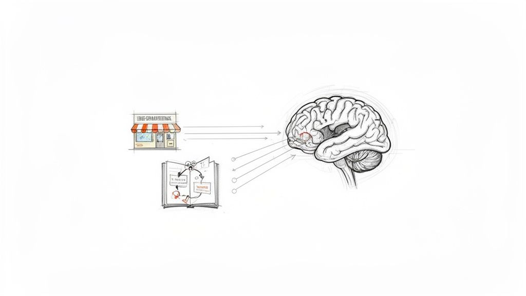 A diagram illustrating an e-marketing store and a book's innovation content stimulating the human brain.