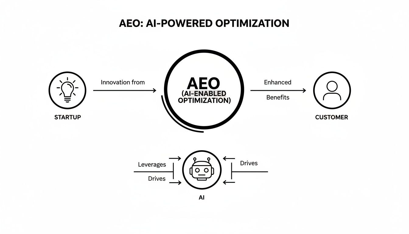Diagram illustrating AEO (AI-Enabled Optimization) leveraging AI to deliver innovation from startups to enhanced customer benefits.