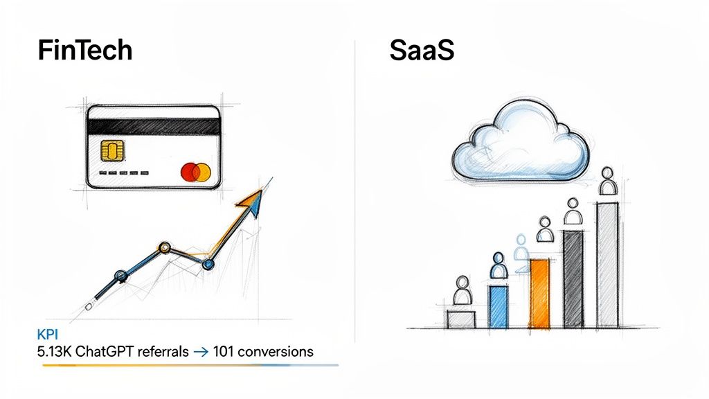 Visual representation of FinTech KPIs, including ChatGPT referrals and conversions, alongside SaaS growth with a cloud and user progression.