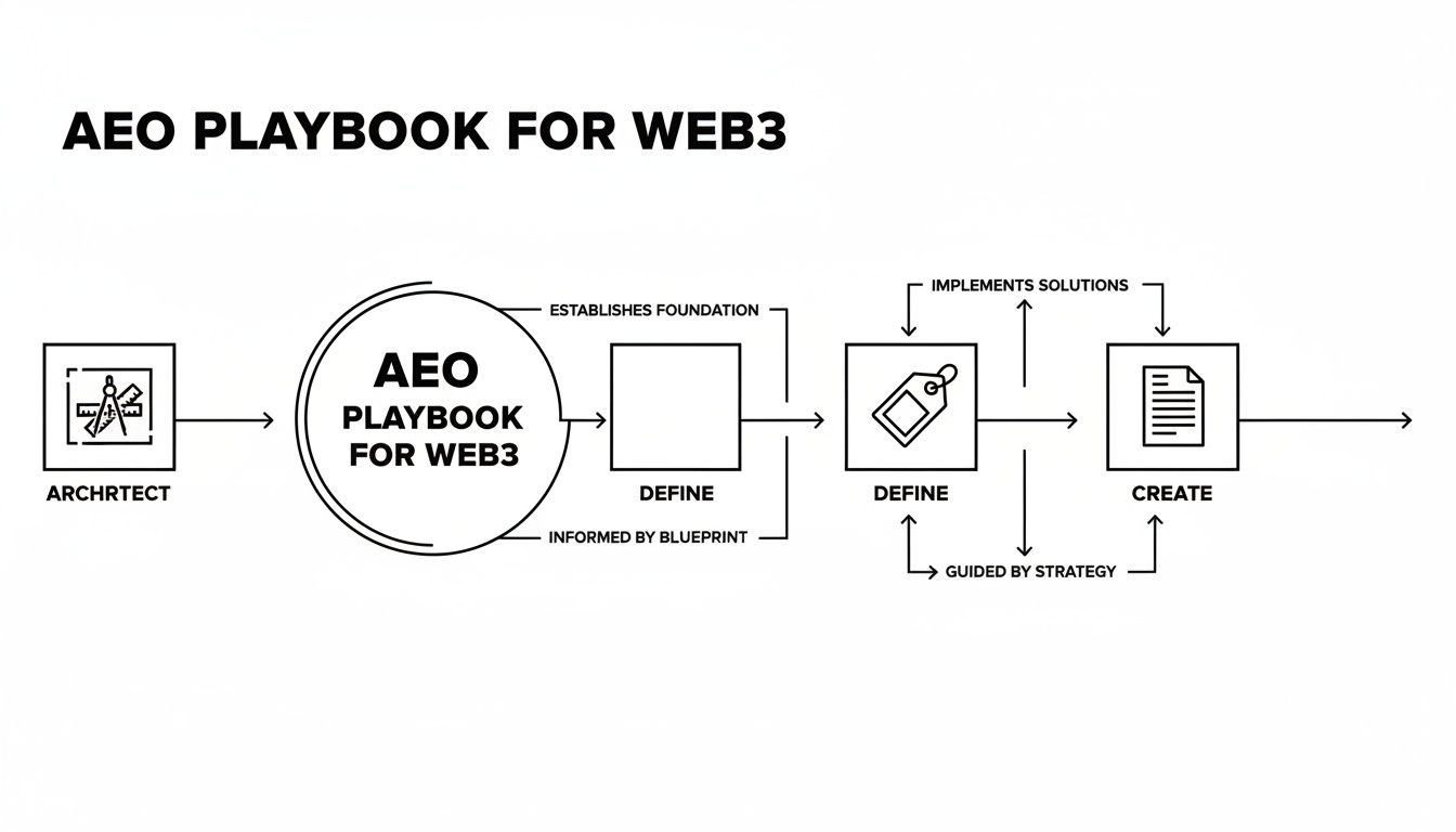 AEO Playbook for Web3 flowchart illustrating a strategic process from architecture to solution creation.