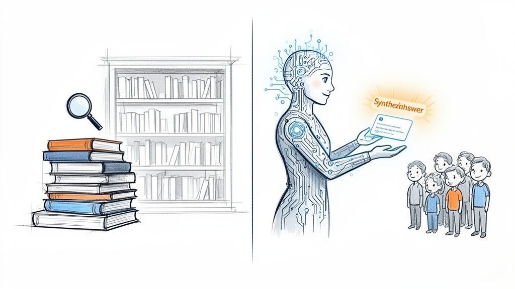 An AI humanoid provides a synthesized answer to a group, contrasting with traditional book research and search.