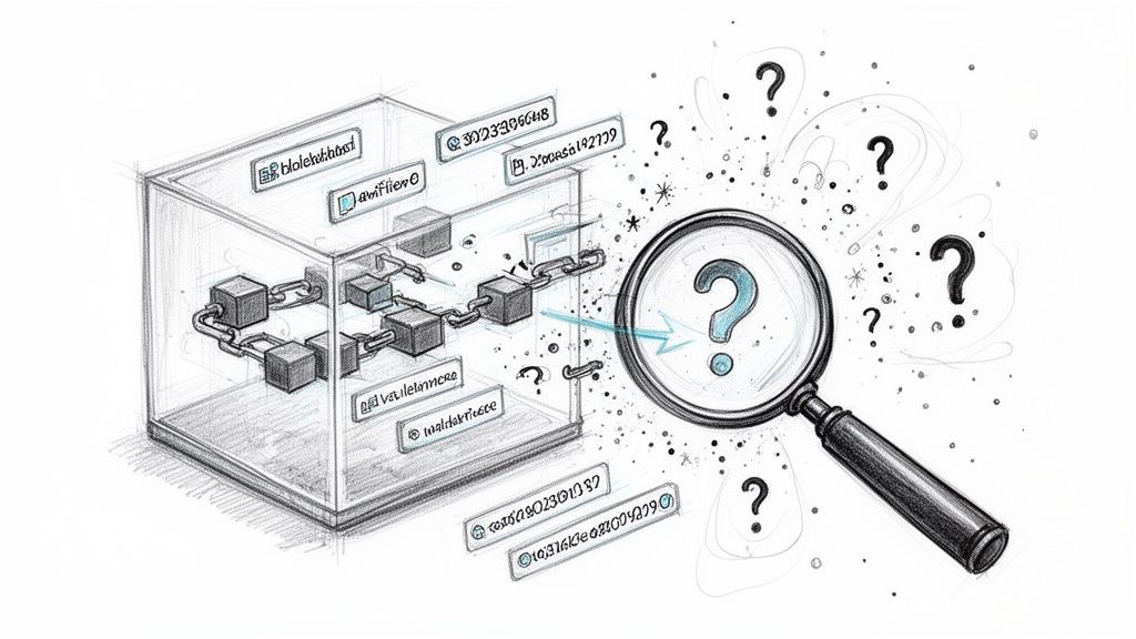 A sketch illustrating a block network within a cube, a magnifying glass, and numerous question marks.