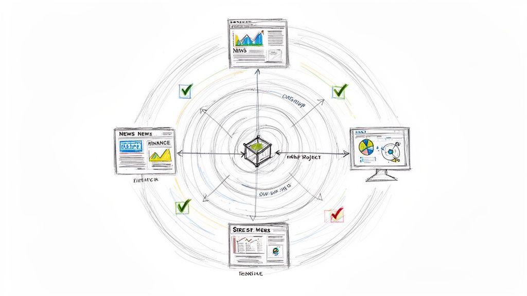A diagram showing a central project box connected to external data sources like news, finance, and analysis, within concentric circles.
