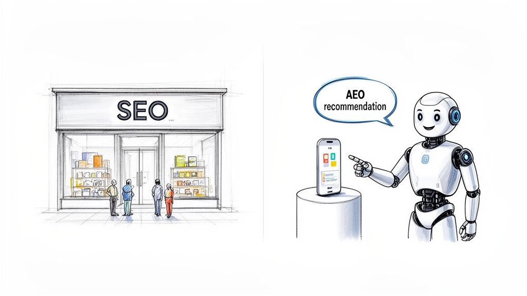 Illustration comparing a traditional SEO storefront with an AI robot providing AEO recommendations on a smartphone.