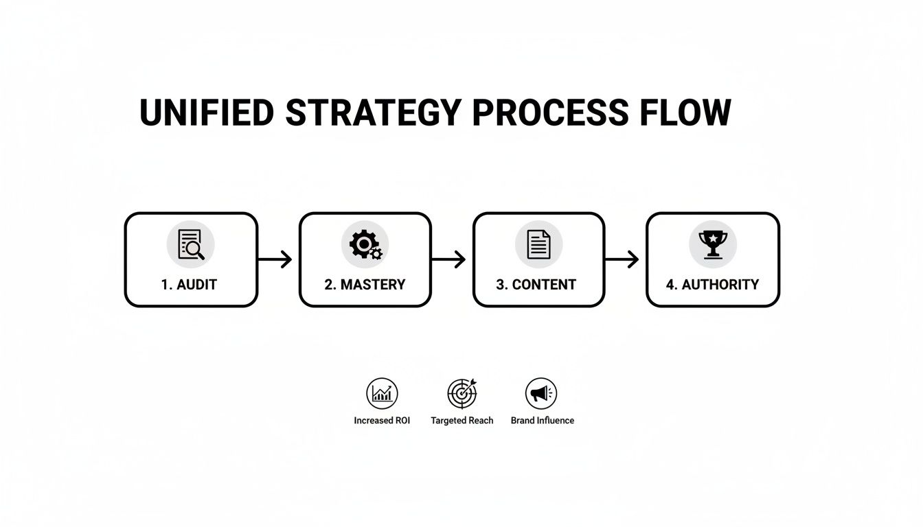 Unified strategy process flow with four steps: Audit, Mastery, Content, and Authority, showing increased ROI.