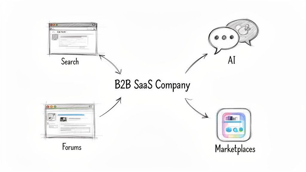 Diagram of a B2B SaaS company engaging with search, AI, marketplaces, and online forums.