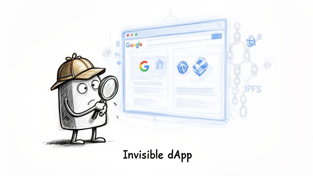 A cartoon detective character examining an invisible dApp displayed on a digital browser window interface.