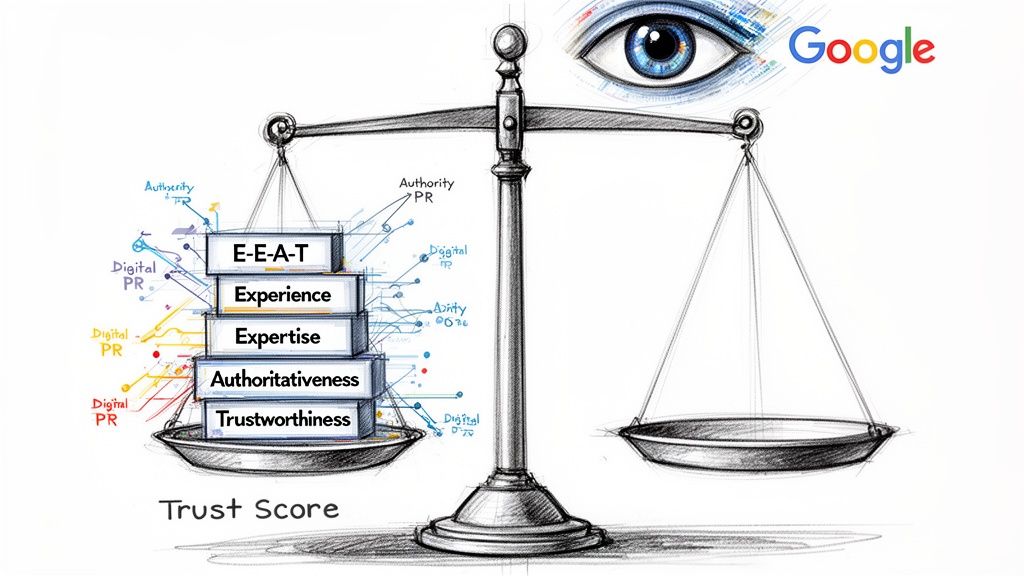 A conceptual scale illustration representing Google E-E-A-T principles as essential components for a website's trust score.