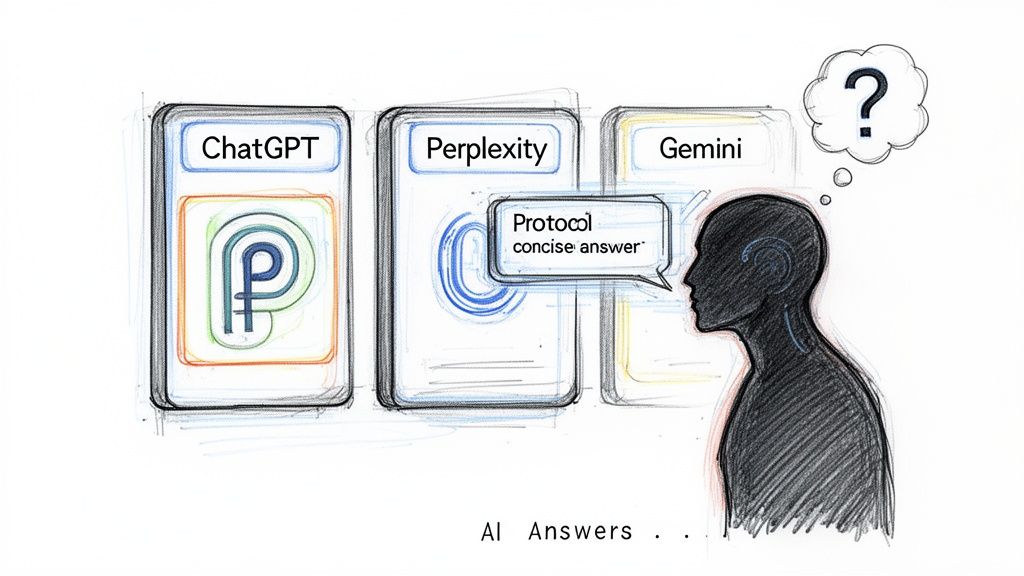 A hand-drawn illustration showing a person asking questions to AI platforms like ChatGPT, Perplexity, and Gemini.