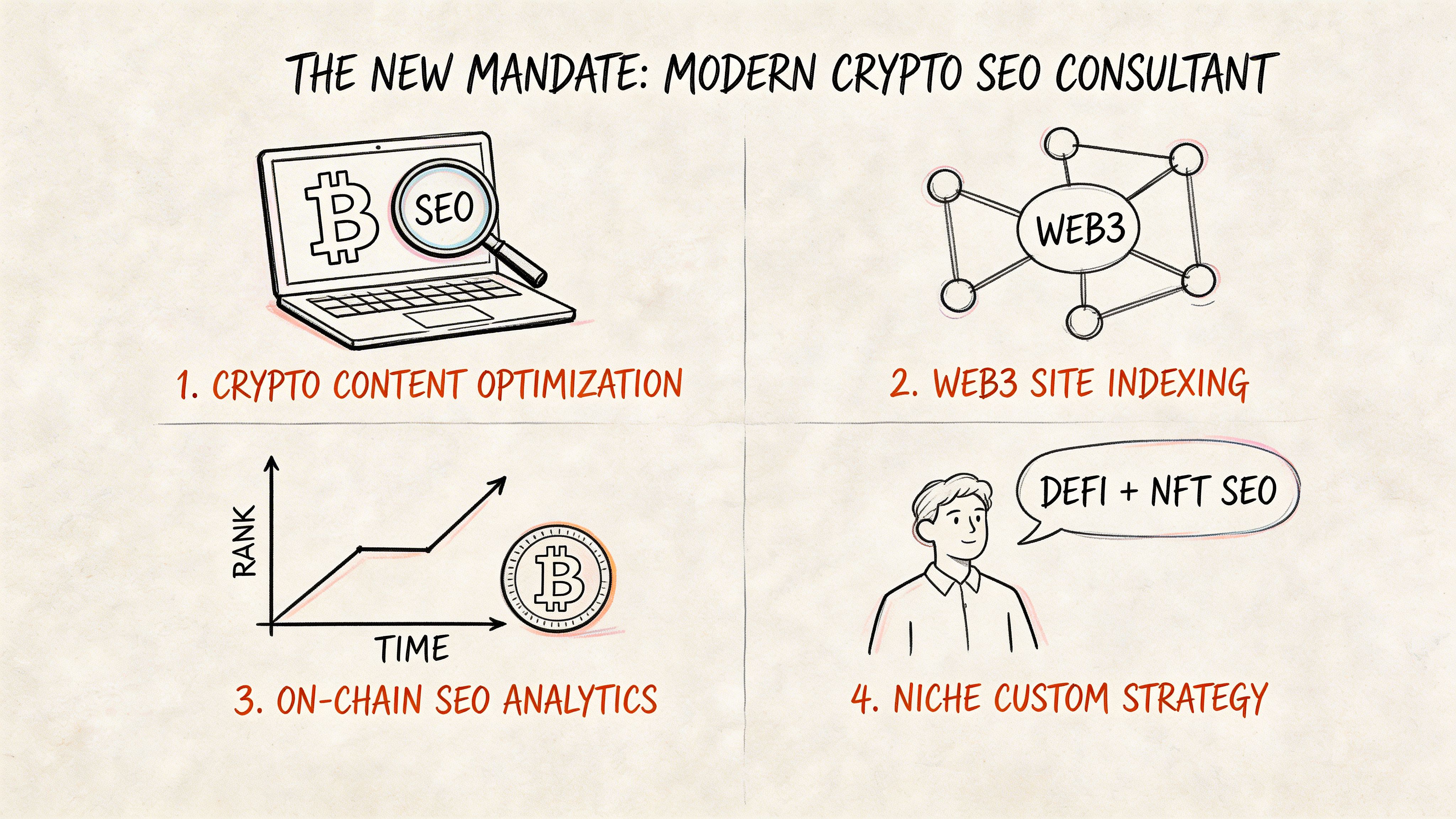 A hand-drawn illustration outlining the four key responsibilities for a modern crypto SEO consultant.