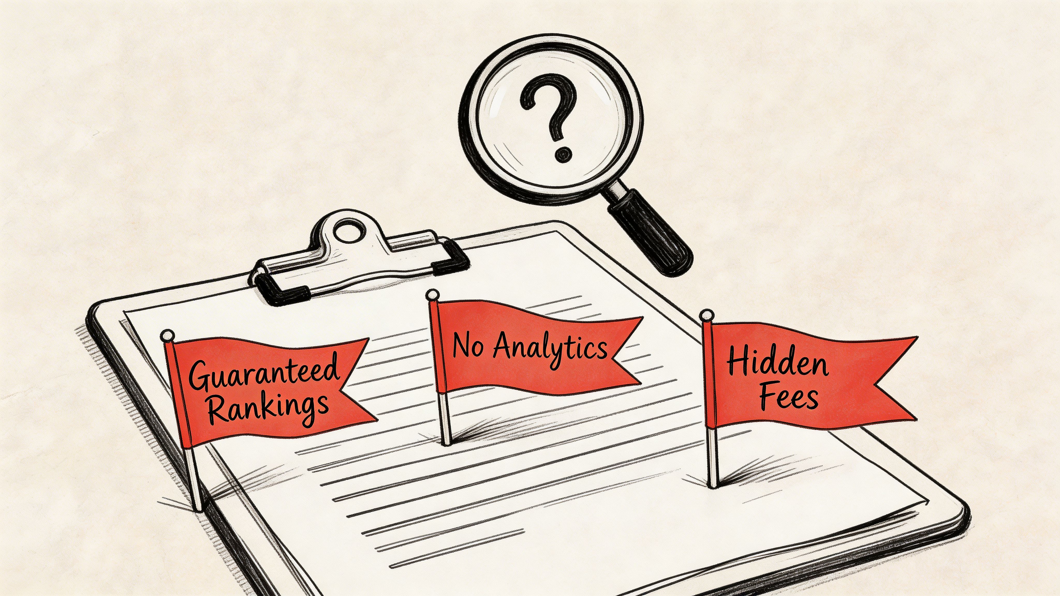 A clipboard with red flags highlighting warning signs such as guaranteed rankings, no analytics, and hidden fees.