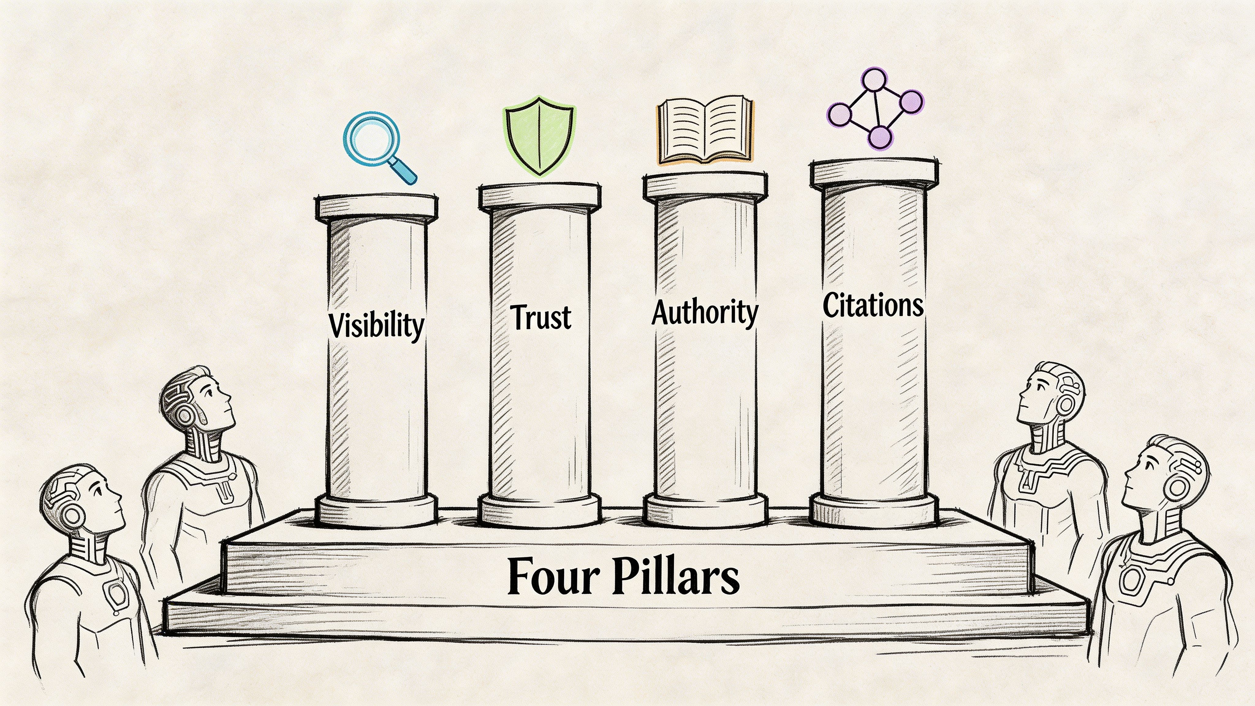 A conceptual illustration featuring four pillars representing Visibility, Trust, Authority, and Citations viewed by futuristic robots.