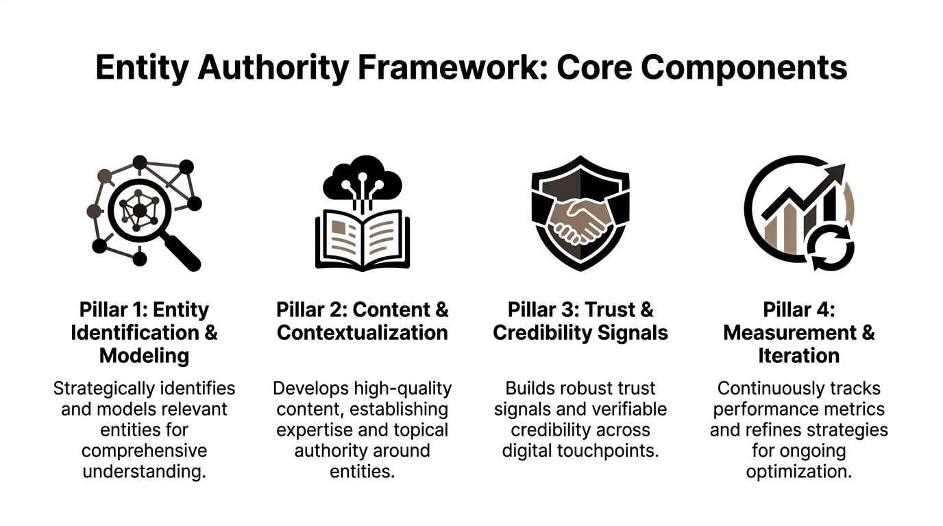 A four-pillar infographic titled Entity Authority Framework outlining steps for identifying, contextualizing, building trust, and optimizing entities.