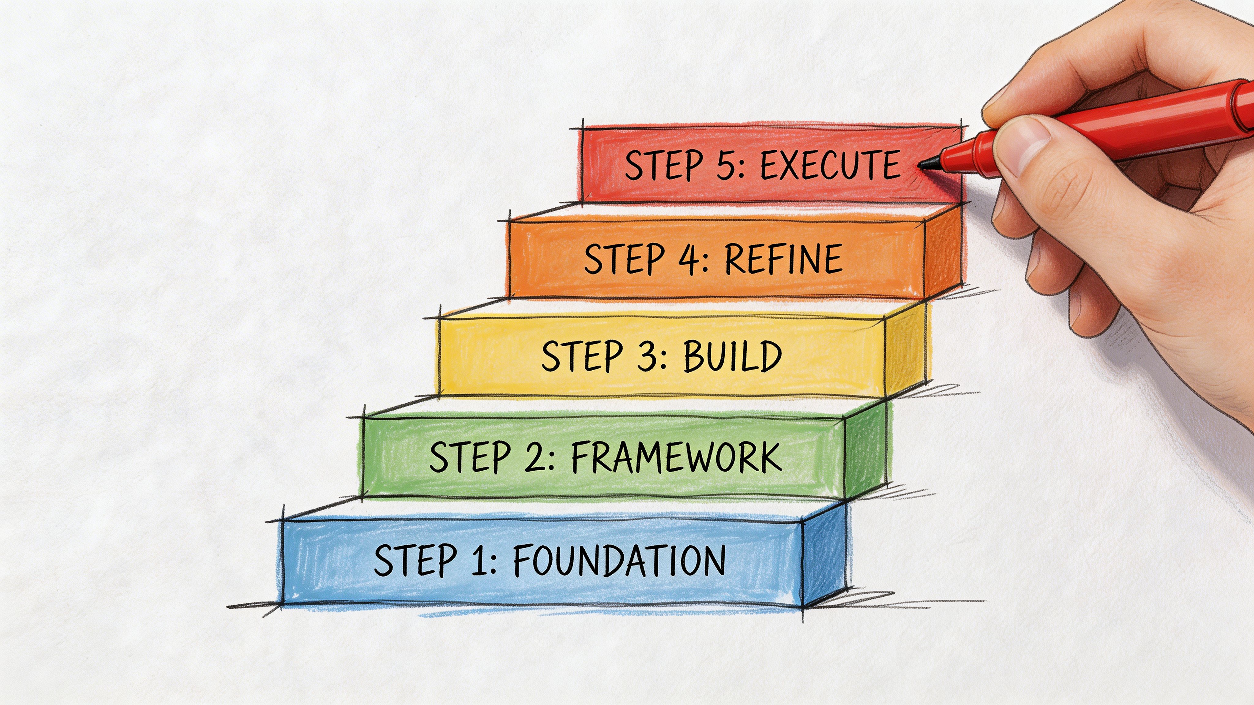 A hand drawing a five-step business process on a white background, representing strategic development and planning.