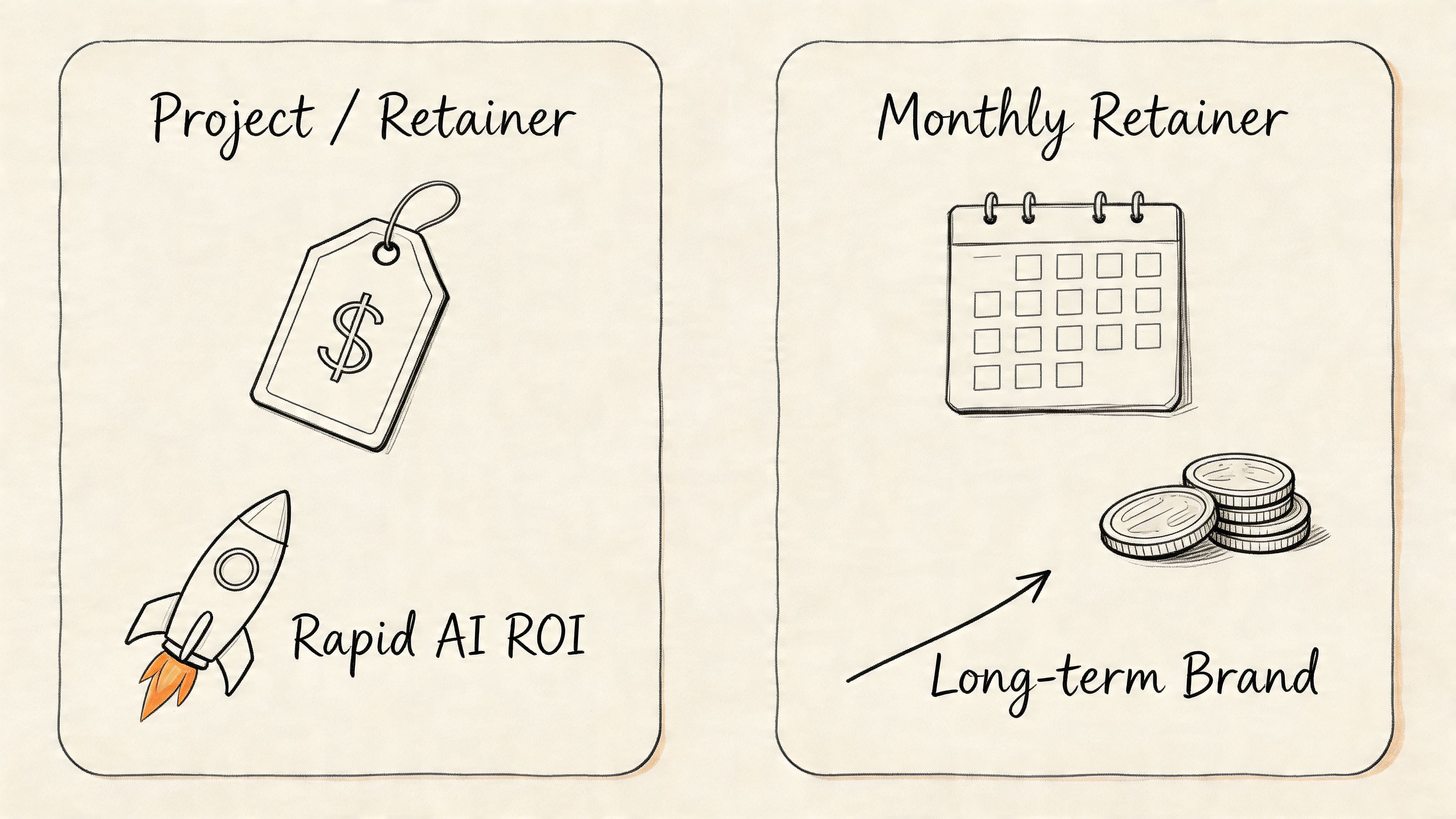 A diagram comparing project-based AI ROI strategies against long-term brand building through monthly retainer services.