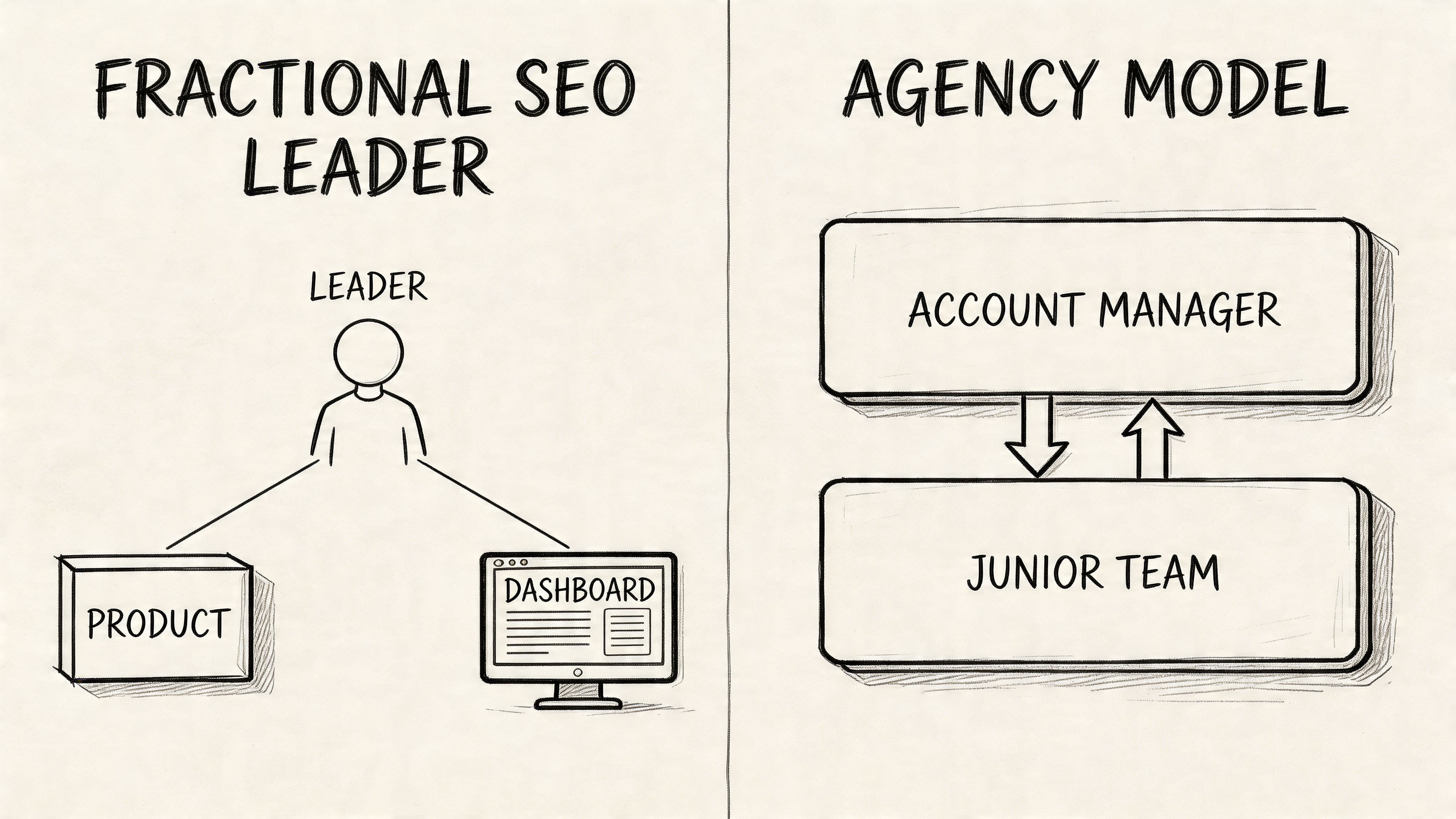 A diagram comparing the structure of a Fractional SEO Leader against a traditional Agency Model business.