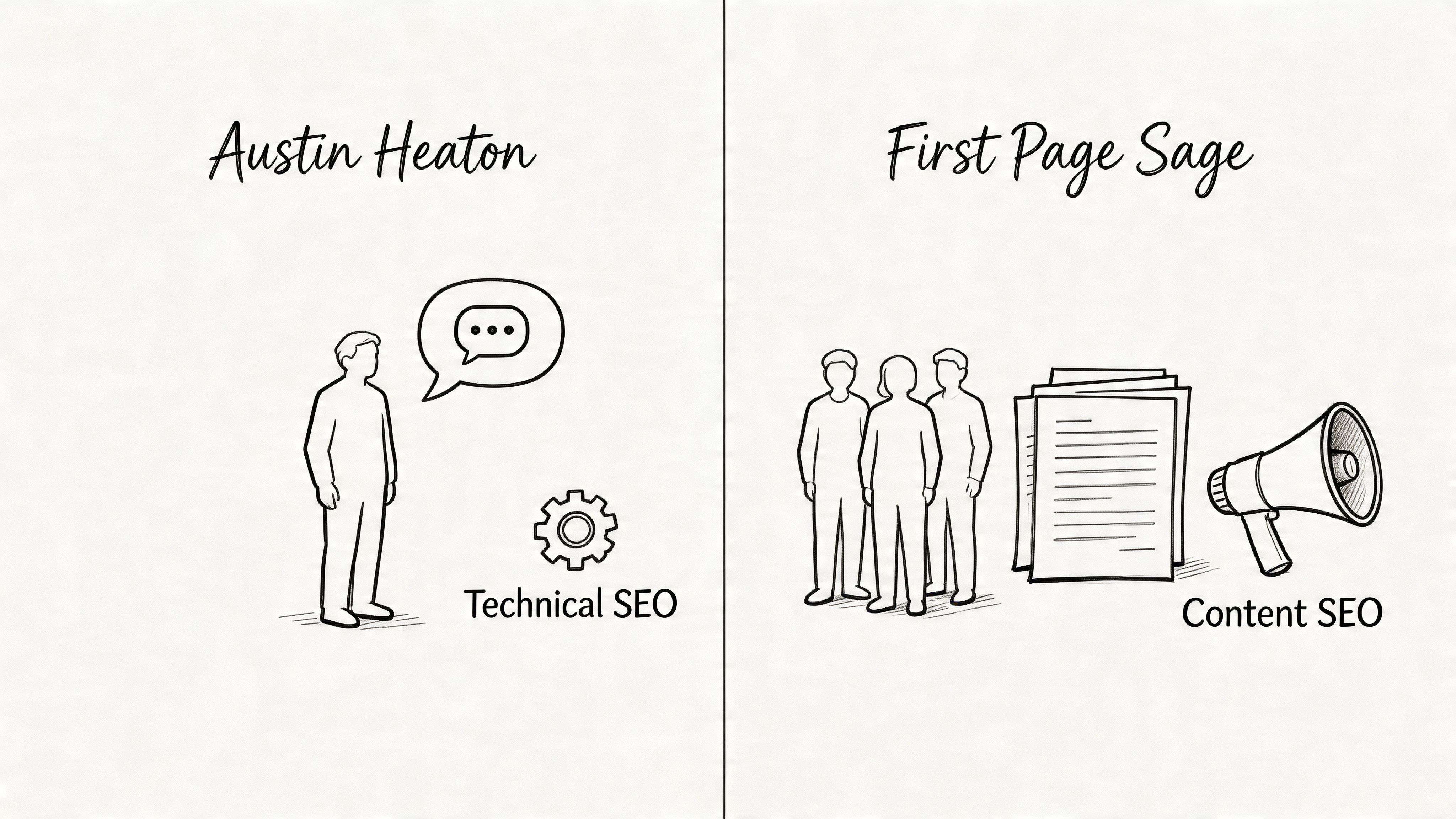 A comparison drawing between Austin Heaton focusing on technical SEO and First Page Sage focusing on content SEO.