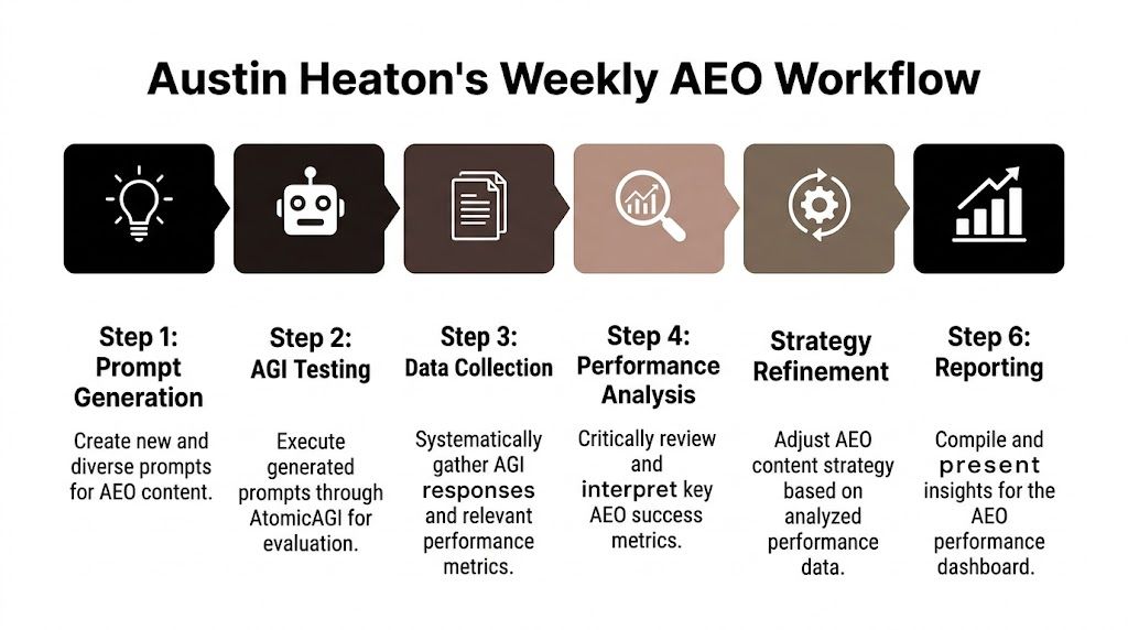 A flowchart diagram illustrating Austin Heaton's six-step weekly workflow for AEO optimization using AtomicAGI.