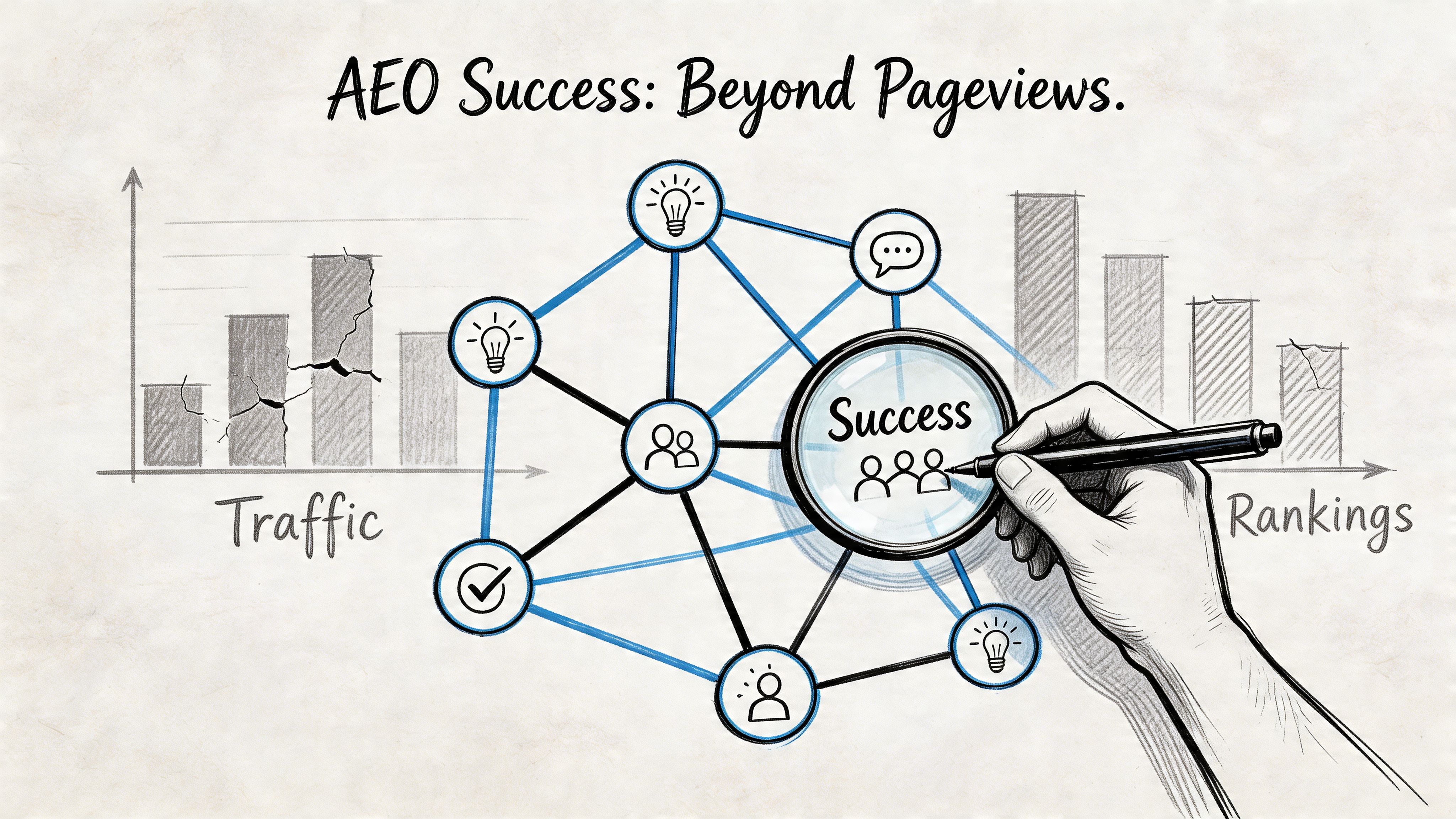 A hand holding a magnifying glass highlighting the word success over a network of interconnected business icons.