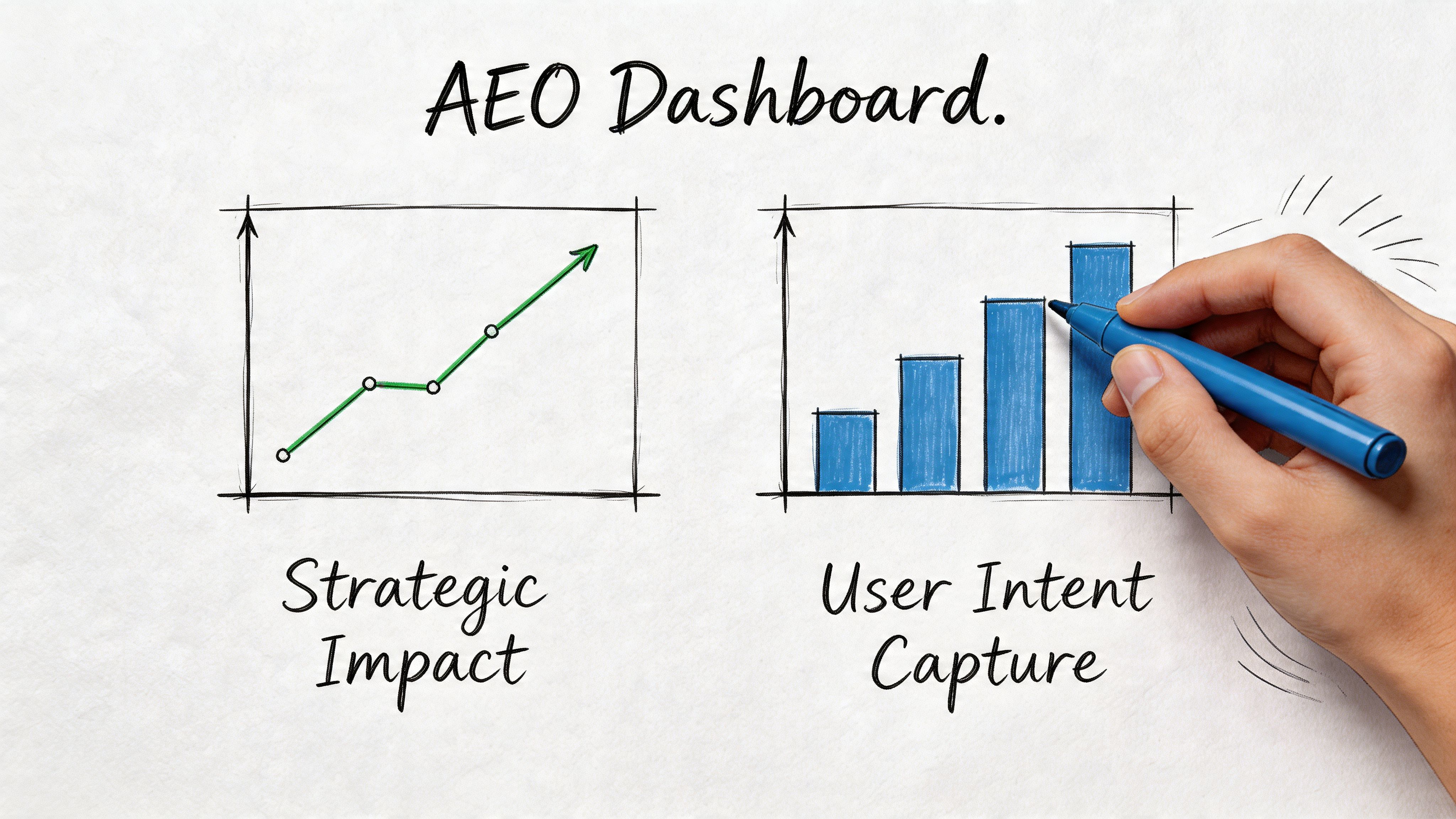 A hand drawing a business graph on a whiteboard labeled AEO Dashboard with strategic impact and user intent.