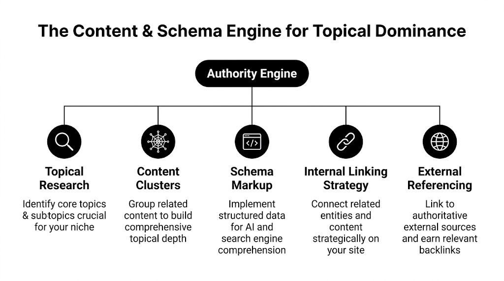 A diagram outlining the Authority Engine, showing five key SEO strategies for achieving digital topical dominance.