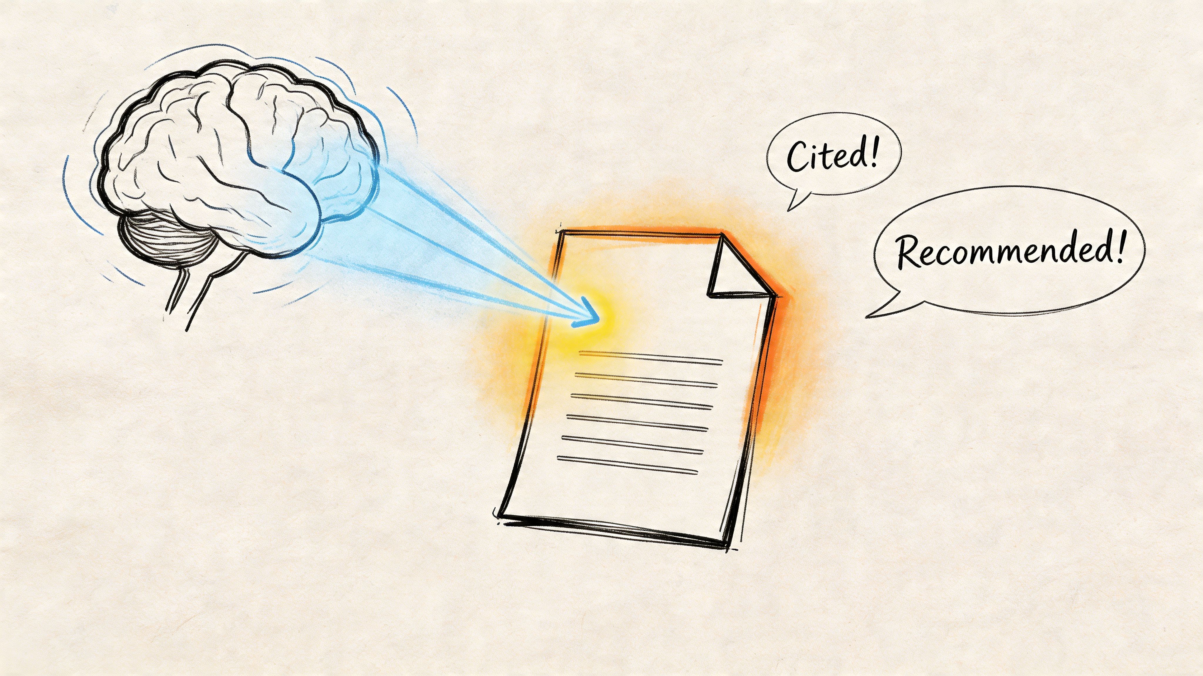 A conceptual illustration of a human brain emitting blue light rays onto a paper document featuring annotations.