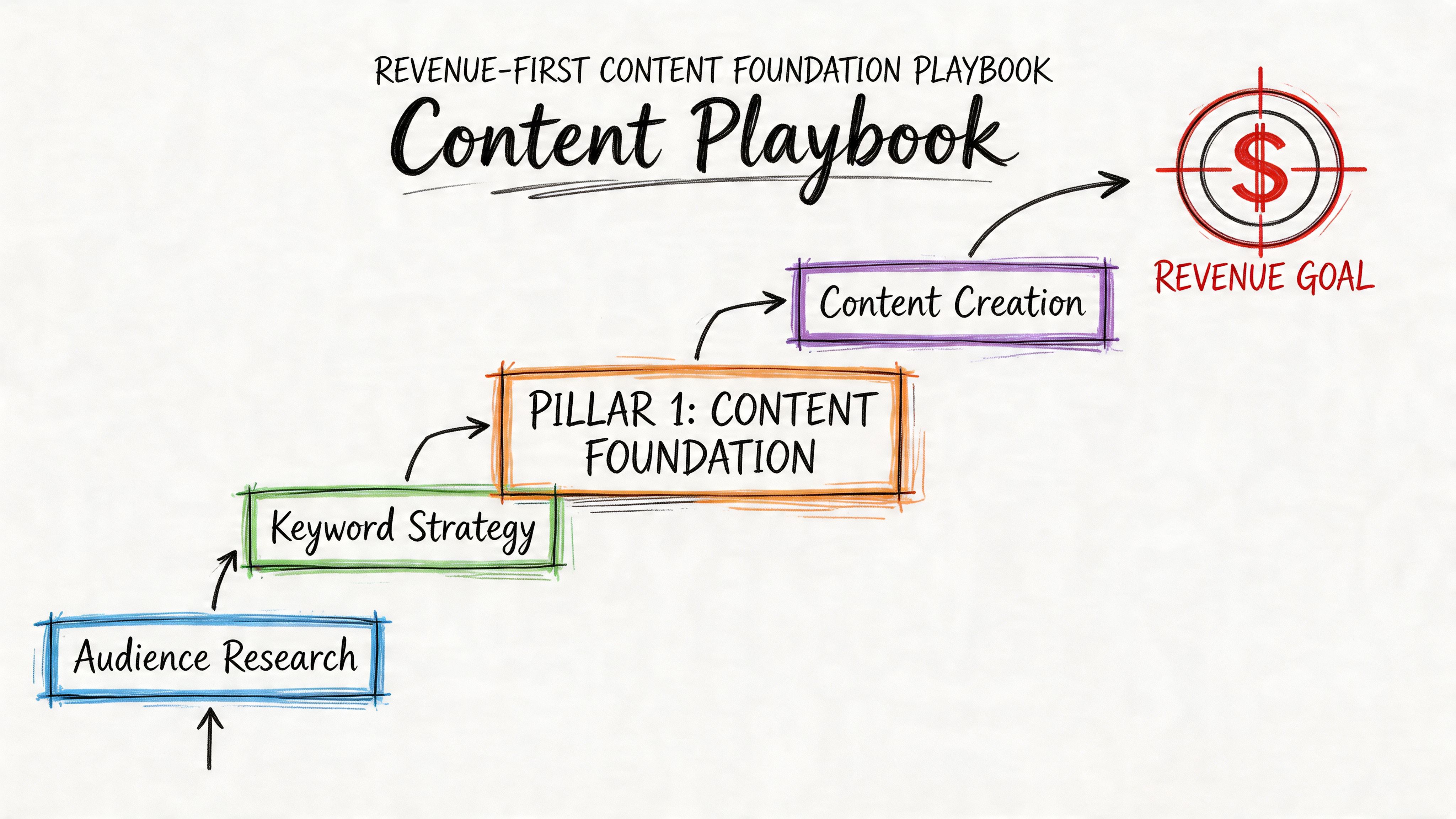 A diagram illustrating the Revenue-First Content Foundation Playbook steps leading towards a revenue goal target.