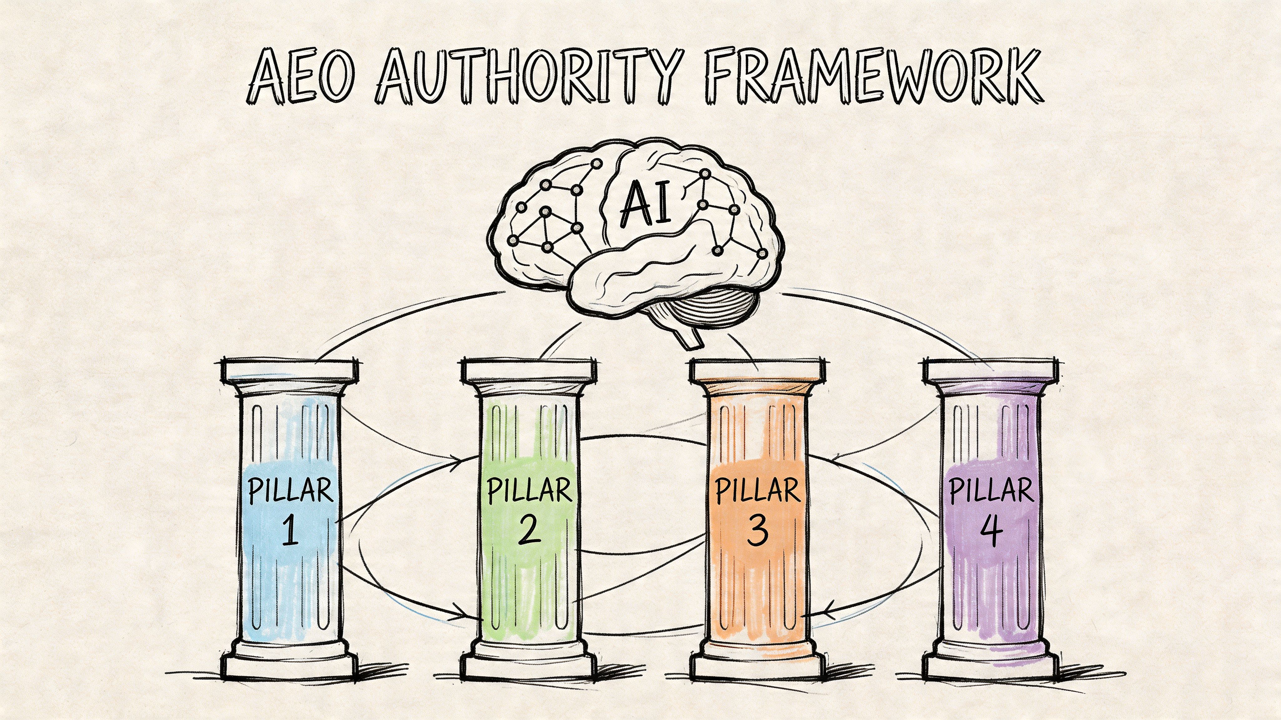 A hand-drawn illustration titled AEO Authority Framework featuring a brain labeled AI connected to four pillars.