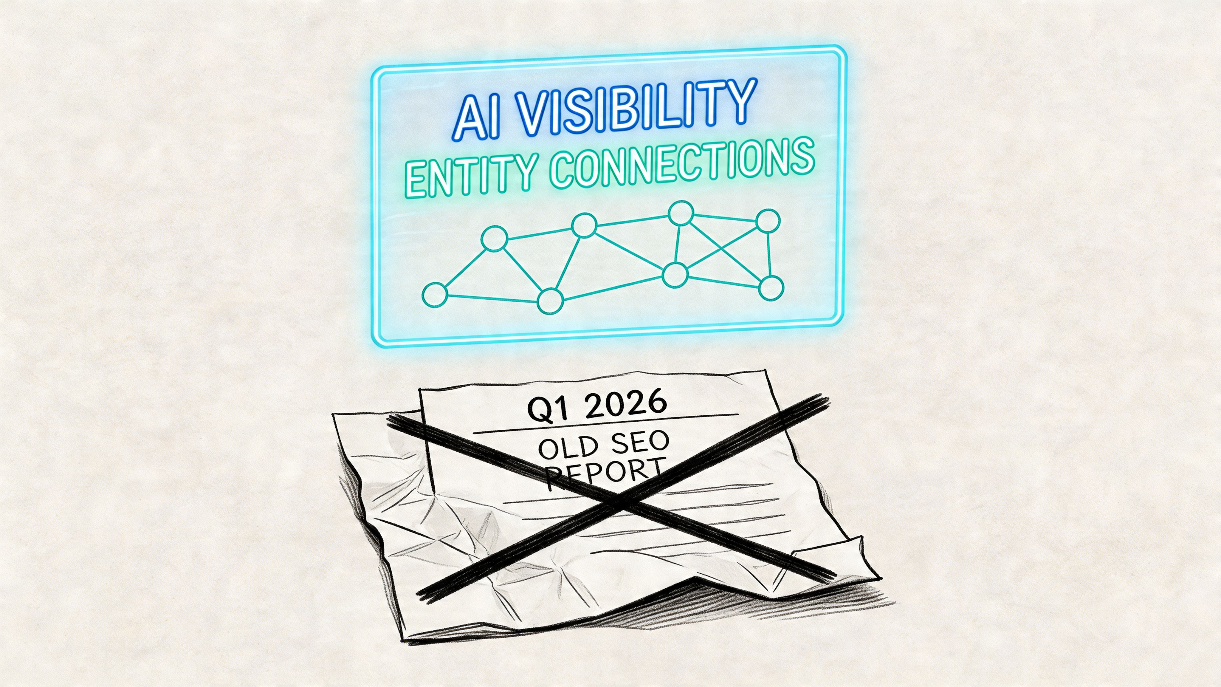 A conceptual graphic showing a futuristic AI visibility entity network replacing an outdated Q1 2026 SEO report.