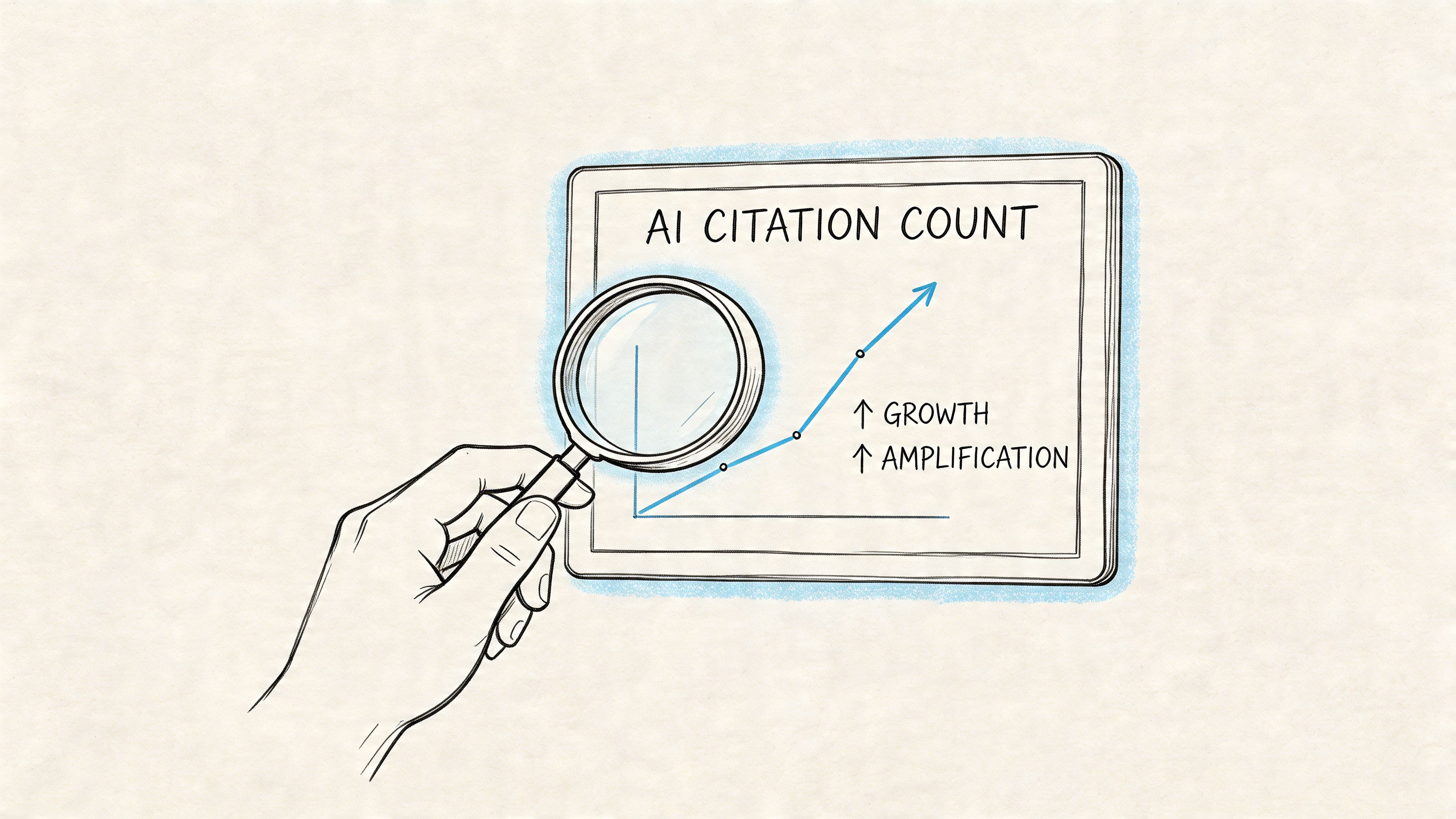 A hand holding a magnifying glass over a tablet displaying an upward trending AI citation graph.