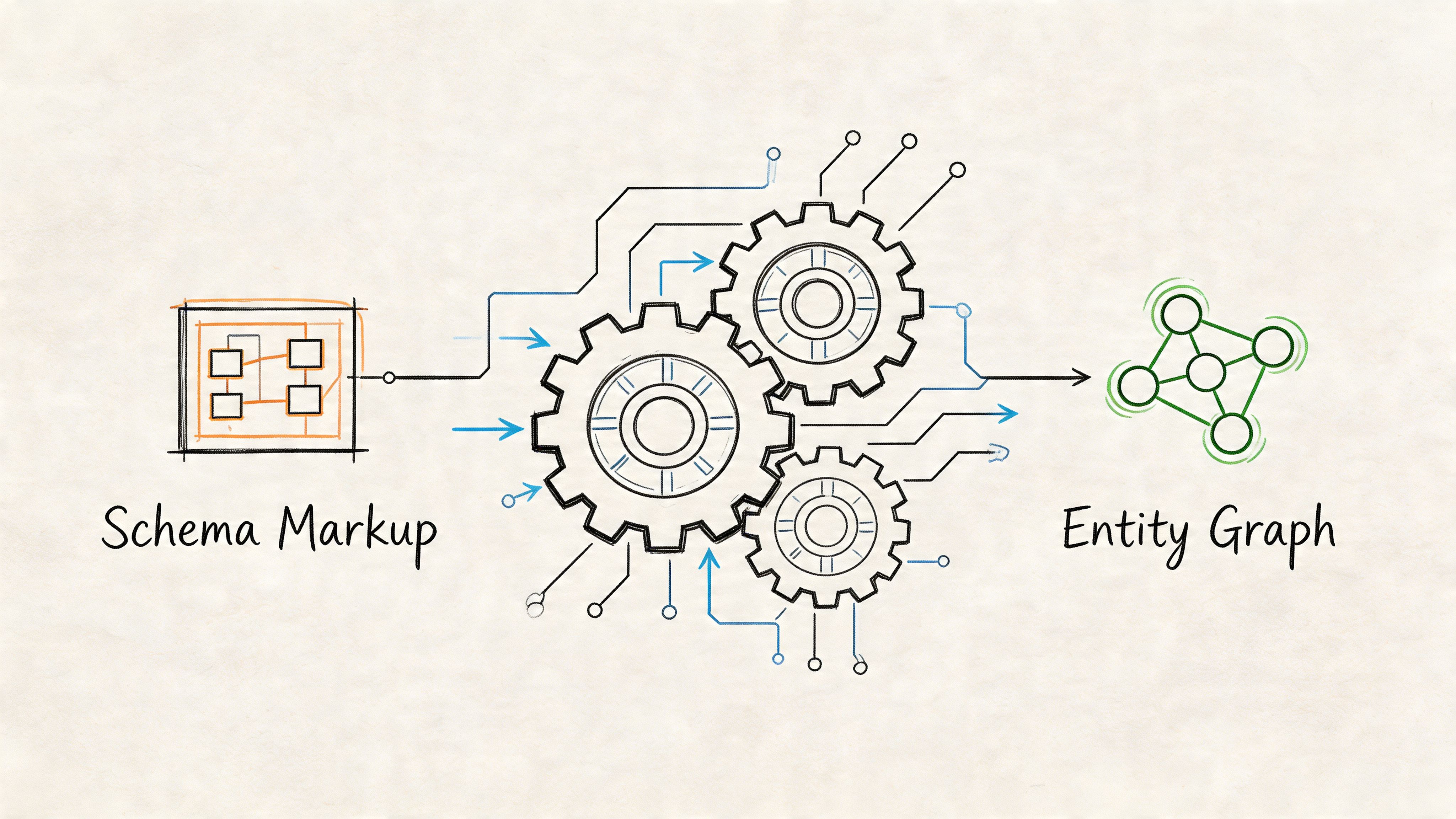 A conceptual diagram showing Schema Markup being processed by gears to form an Entity Graph.