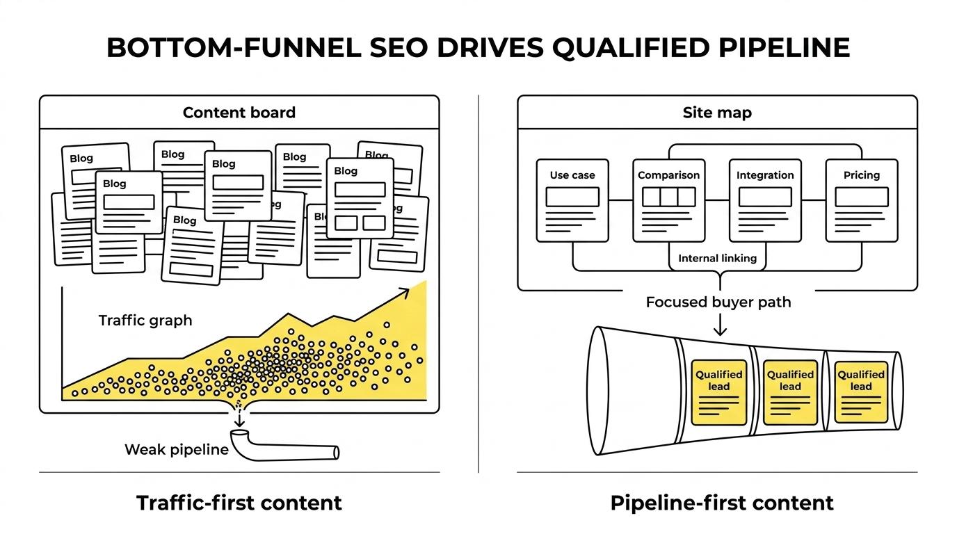 Side-by-side comparison of a traffic-first SaaS blog and a pipeline-focused SEO content program.