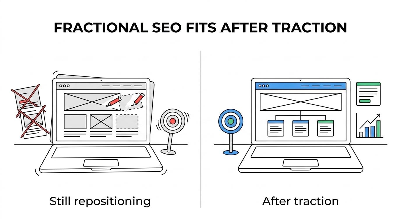 Side-by-side comparison of a B2B SaaS company that is too early for fractional SEO versus one that is ready after product-market fit and growth traction.