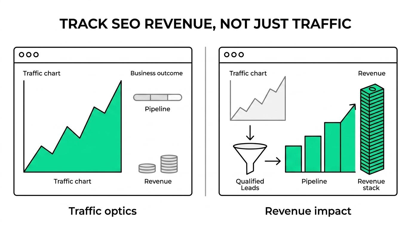 Side-by-side comparison of a traditional SEO report focused on rankings, sessions, and impressions versus a revenue-focused report showing qualified leads, pipeline, revenue, CAC, and ROI.
