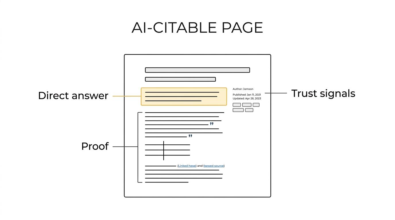 Labeled diagram of an article page showing a question-style heading, a short direct answer, supporting evidence sections, and metadata such as author, dates, and schema.