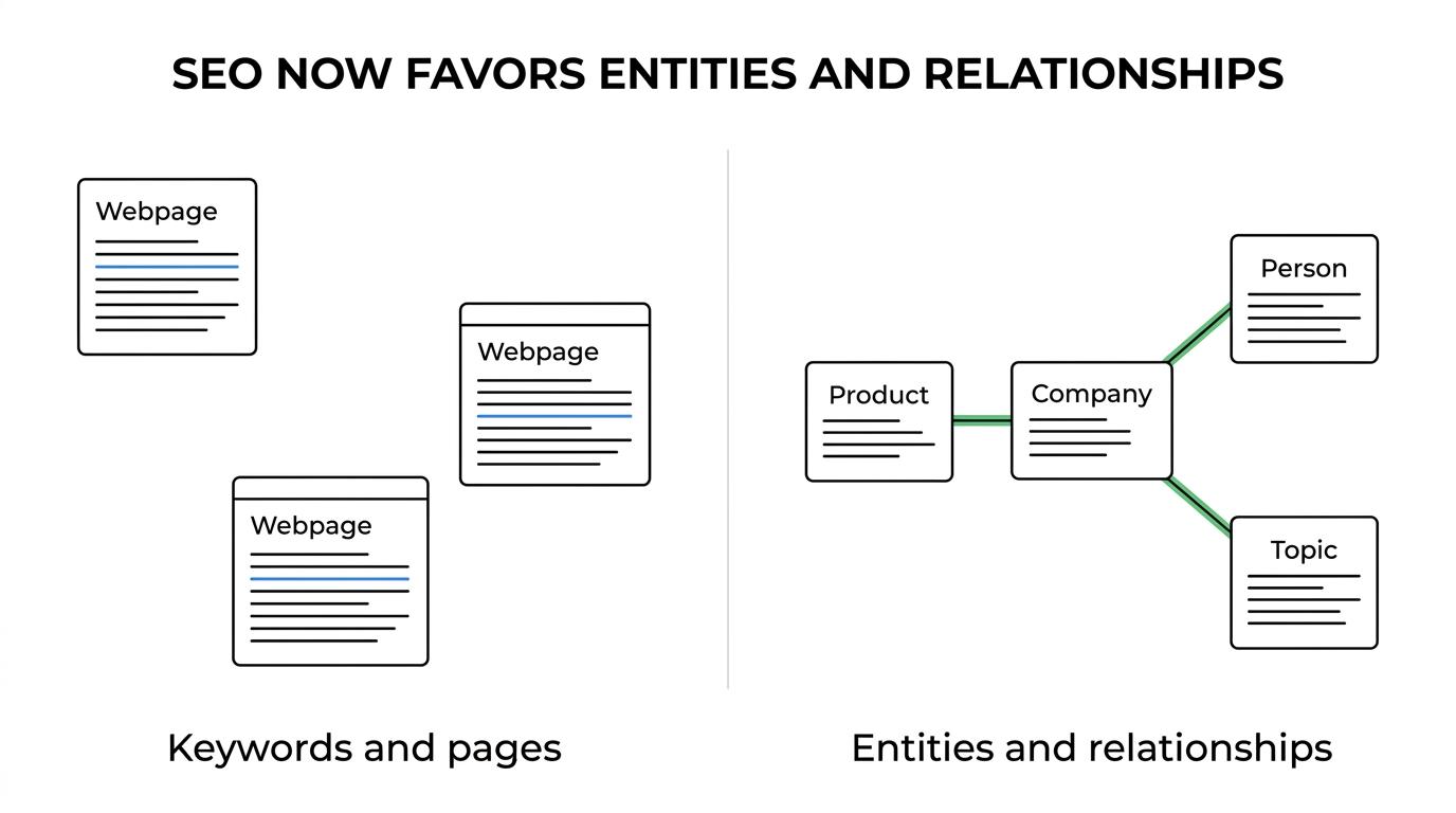 Side-by-side comparison of traditional B2B SEO and entity SEO across focus, goals, content strategy, authority signals, visibility, and measurement.