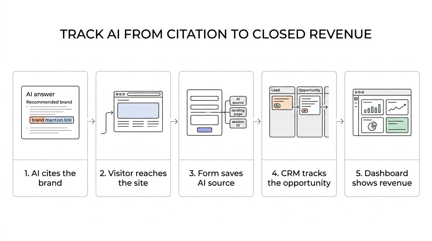 Flow showing AI visibility, attributed sessions, form capture, CRM lead fields, pipeline stages, and closed revenue linked in sequence.