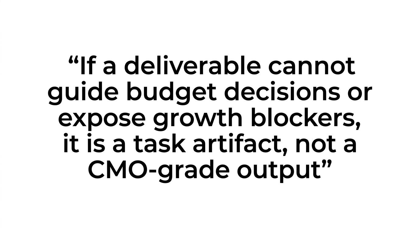 Large highlighted quote stating that if an SEO deliverable cannot guide budget decisions or expose growth blockers, it is only a task artifact, not a CMO-grade output.