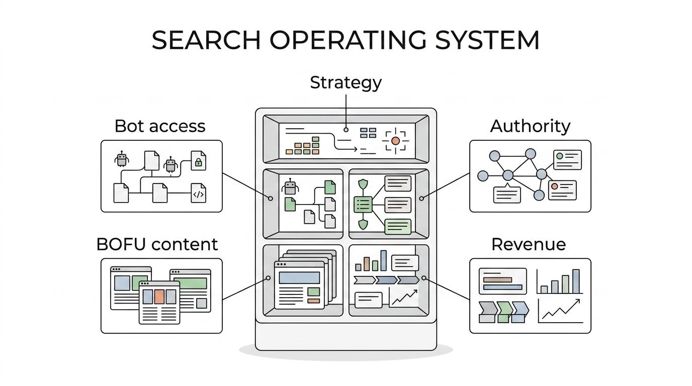 Labeled diagram showing a CMO SEO operating system with connected parts for strategy, technical and AI audits, bottom-funnel content, authority, reporting, and refresh planning.