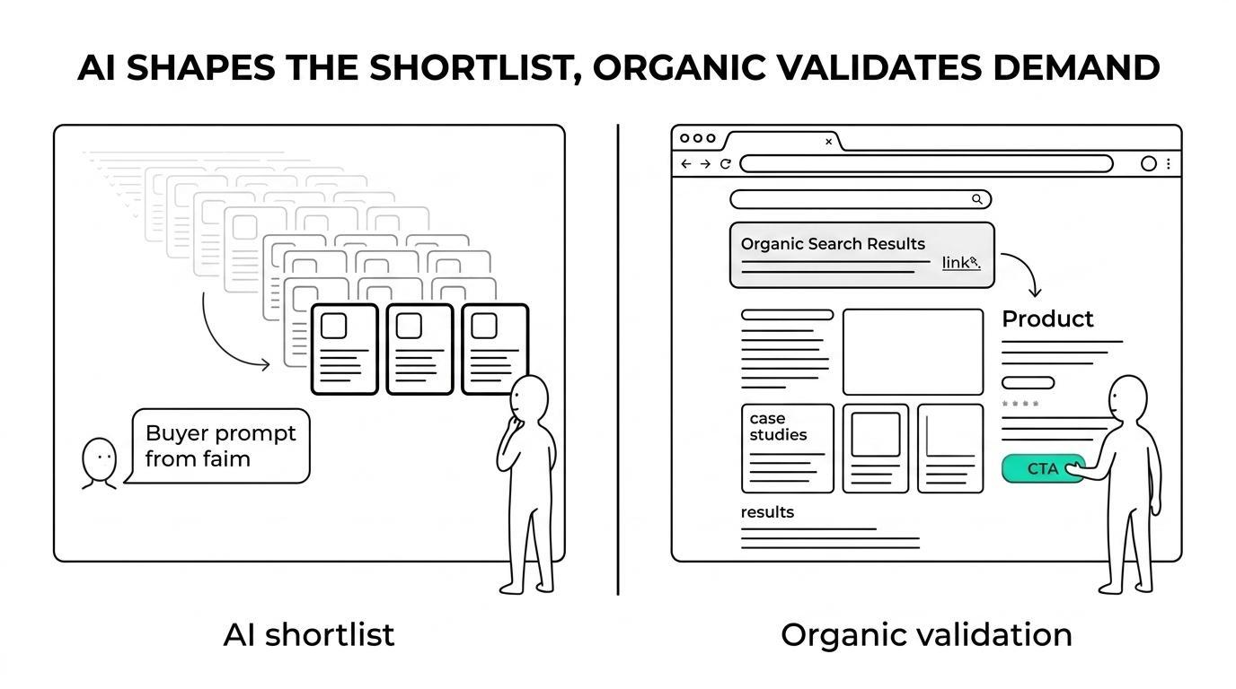 Comparison of AI search and organic search for SaaS across buyer behavior, traffic, conversion, and control.