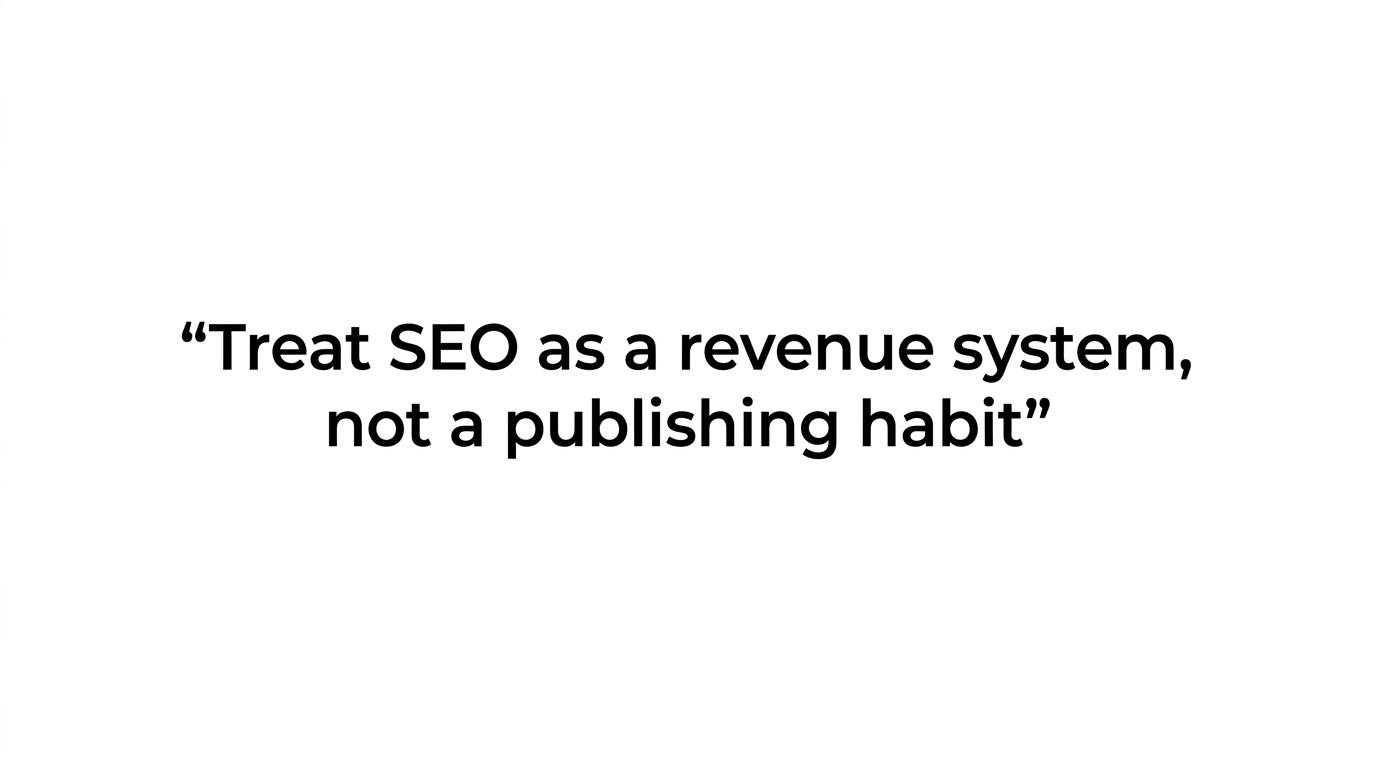 Highlighted quote reading, “SEO solves that problem when it is treated as a revenue system, not a publishing habit.”