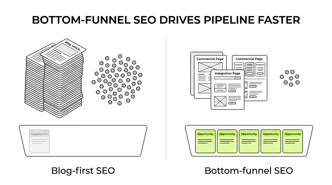 Side-by-side comparison of bottom-funnel SEO pages versus blog-first SEO, showing lower traffic but higher buying intent and conversion on the bottom-funnel side.