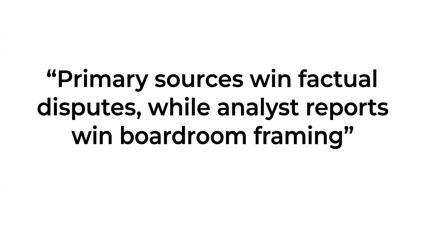Highlighted quote stating that primary sources win factual disputes while analyst reports win boardroom framing.