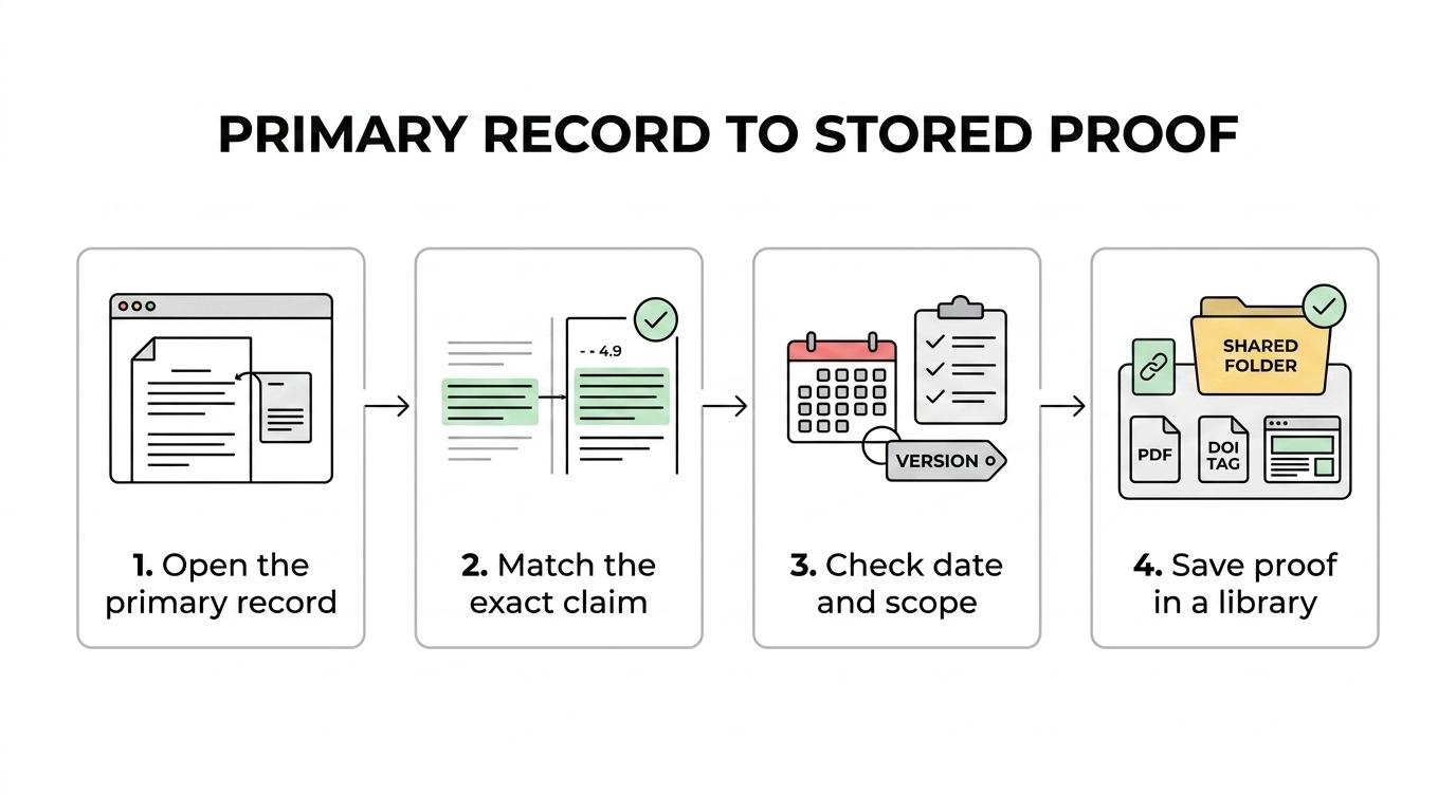 Four-step workflow showing how B2B teams verify AI-cited claims from original source to saved proof.