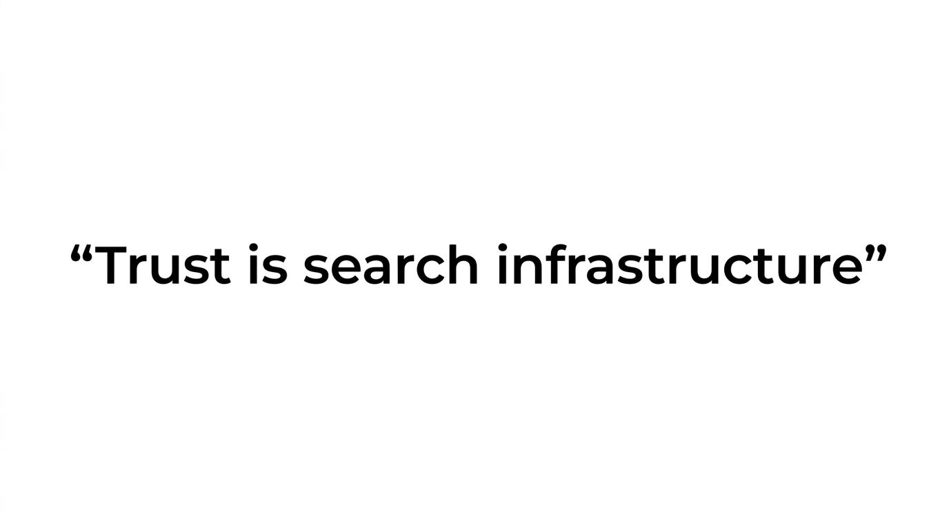Quote card with the line: “Trust is not a design layer. It is search infrastructure.”